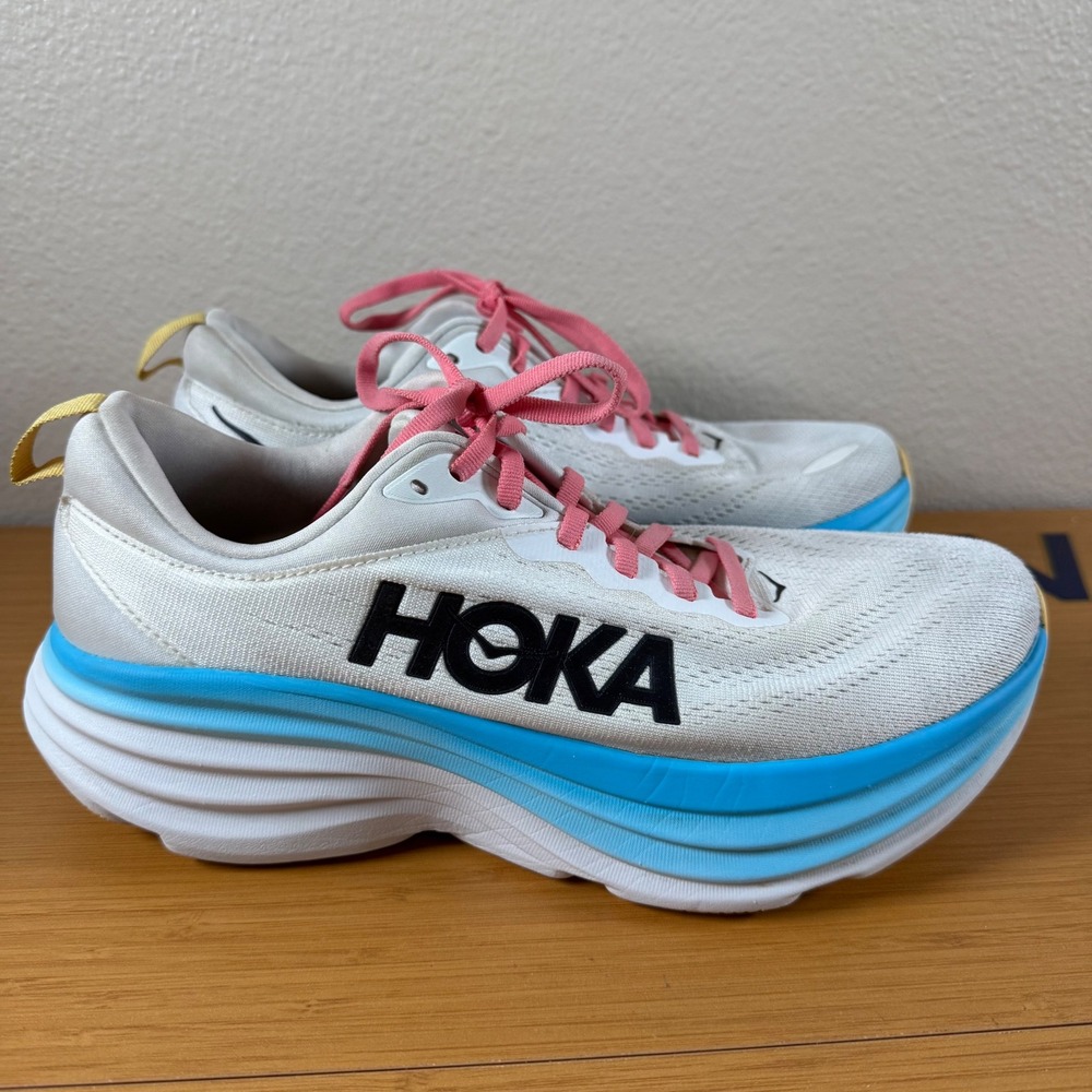 Hoka One One Bondi 8 Running Shoes Women 10 White Blue Pink 1127952 BSW